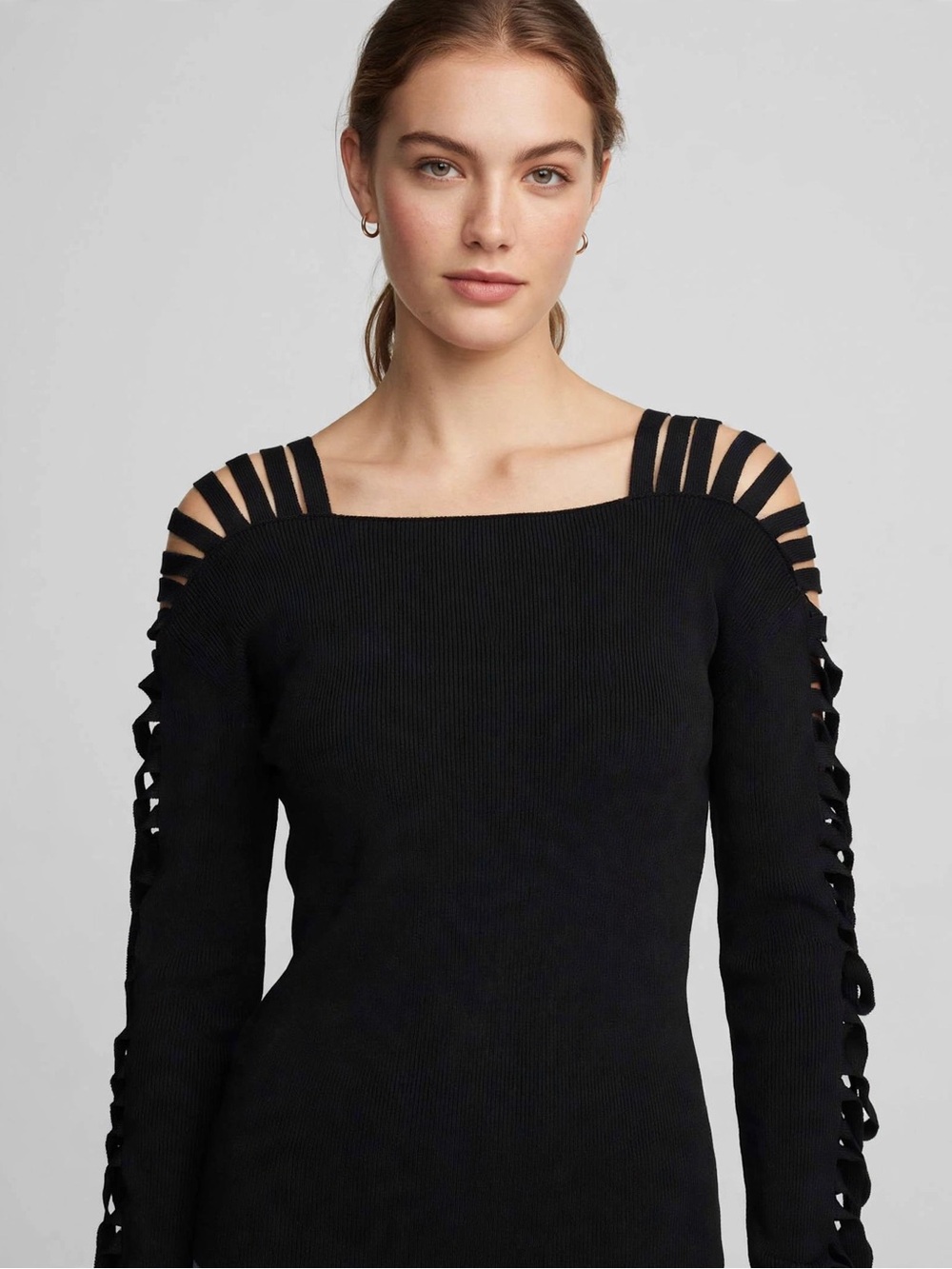 Boston Proper Black Strappy Cold-Shoulder Knit Sweater